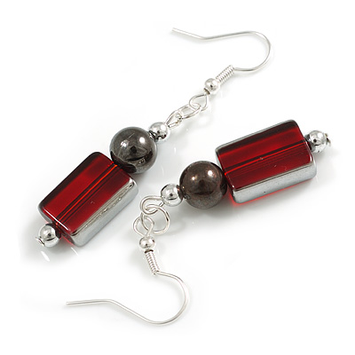Red Square Glass and Round Hematite Bead Drop Earrings in Silver Tone - 55mm L - main view