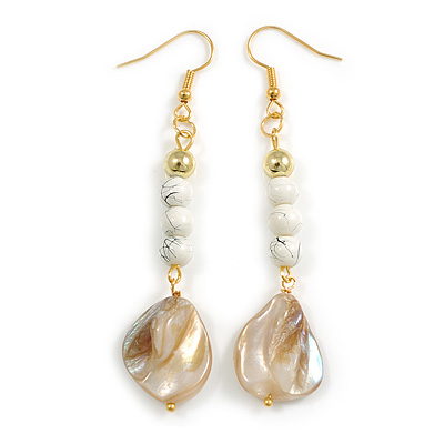 Long White Ceramic/ Shell Bead Linear Earrings in Gold Tone - 70mm L - main view
