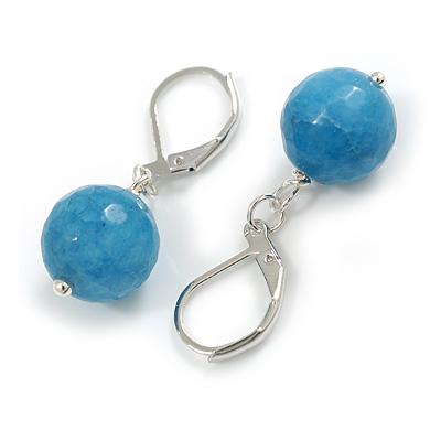 12mm Light Blue Agate Faceted Round Semi-Precious Stone Drop Earrings in Silver Tone - 35mm L - main view