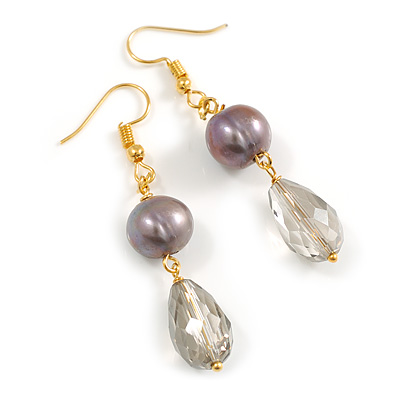 Grey Freshwater Pearl and Glass Bead Drop Earrings in Gold Tone - 55mm L - main view