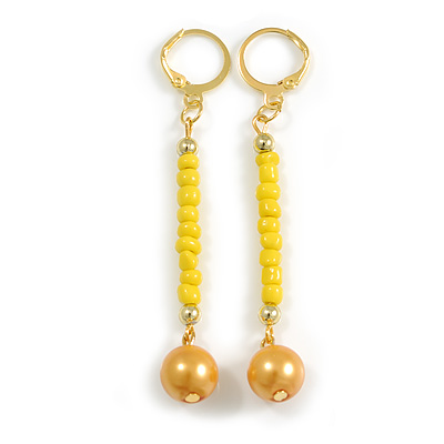 Long Yellow Glass Bead Linear Earrings In Gold Tone - 70mm L