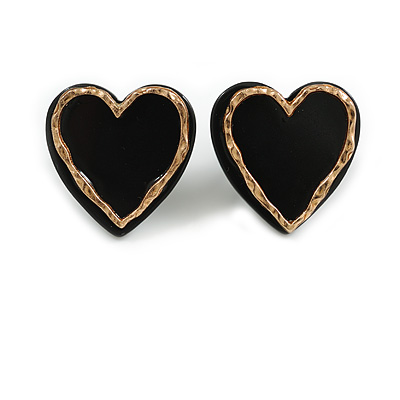Black/Gold Acrylic Heart Stud Earrings - 22mm Tall - main view
