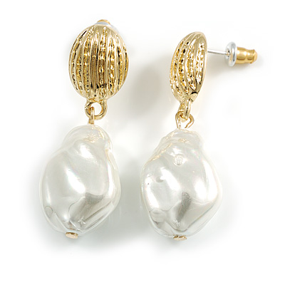 Statement White Lustrous Pearl Drop Earrings in Gold Tone - 35mm Long - main view