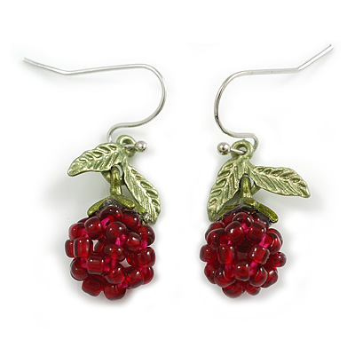 Purple Red Glass Bead Berry with Green Enamel Leaves Drop Earrings - 35mm L - main view