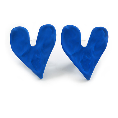 Blue Hammered/Beaten Heart Stud Earrings with Rubber Coating - 25mm Tall - main view