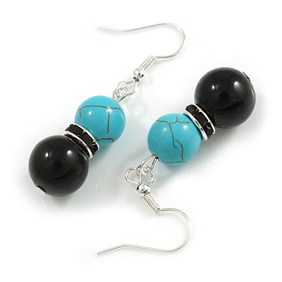 Black Ceramic/ Turquoise Bead with Black Crystal Ring Drop Earrings in Silver Tone - 45mm L - main view