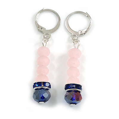 Light Pink/Blue Glass Beaded with Crystal Ring Drop Earrings In Silver Tone - 45mm L - main view