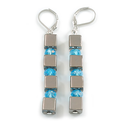 Square Hematite/Light Blue Glass Beaded Linear Drop Earrings - 60mm L - main view