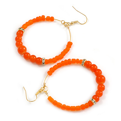 Orange Glass Bead with Crystal Rings Hoop Earrings in Gold Tone - 70mm Long