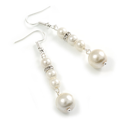 White Faux Pearl Beaded with Crystal Spacer Long Earrings in Silver Tone - 55mm L - main view