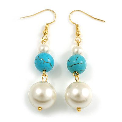 Faux Pearl and Turquoise Bead Long Drop Earrings in Gold Tone - 55mm L - main view