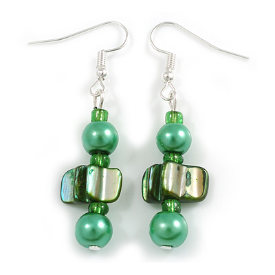 Green Glass and Shell Bead Drop Earrings with Silver Tone Closure - 6cm Long - main view