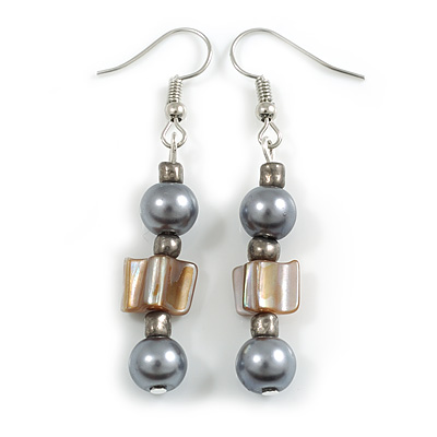 Grey Glass and Antique White Shell Bead Drop Earrings with Silver Tone Closure - 6cm Long - main view