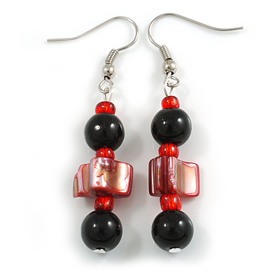 Black Glass and Red Shell Bead Drop Earrings with Silver Tone Closure - 6cm Long