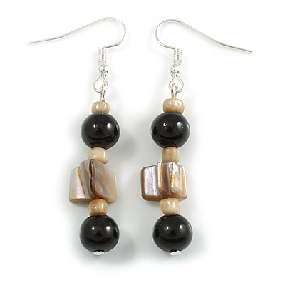 Black Glass and Antique White Shell Bead Drop Earrings with Silver Tone Closure - 6cm Long - main view