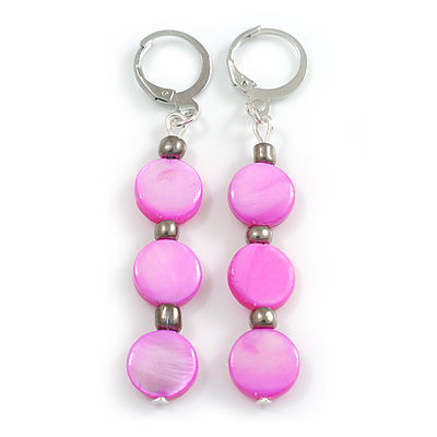 Pink Shell and Grey Glass Bead Drop Earrings in Silver Tone - 60mm L - main view