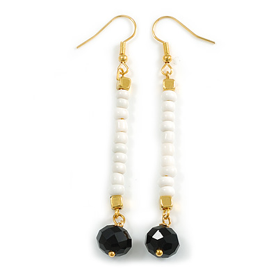 Long White/Black Bead Linear Earrings In Gold Tone - 70mm L - main view