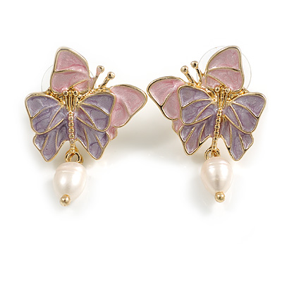 Pink/Lavender Enamel Double Butterfly with Dangling Pearl Bead Stud Earrings in Gold Tone - 35mm Long