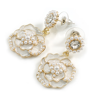 Romantic White Enamel Faux Pearl Layered Rose Drop Earrings in Gold Tone - 30mm L - main view