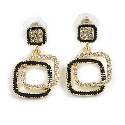 Clear Crystal Black Enamel Double Square Drop Earrings in Gold Tone - 30mm Long