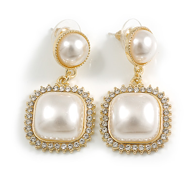White Faux Pearl Bead Clear Crystal Square Drop Earrings in Gold Tone - 35mm Long - main view