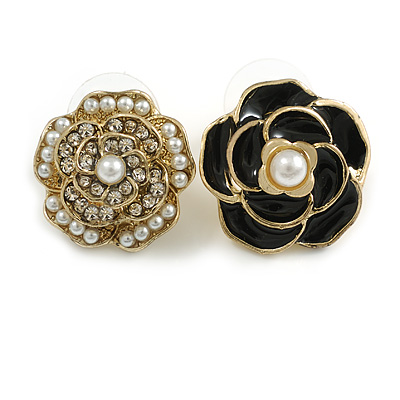 Clear Crystal/ White Faux Pearl/ Black Enamel Asymmetrical Rose Floral Stud Earrings In Gold Tone - 20mm D - main view