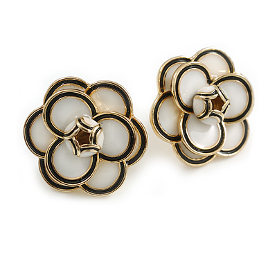 20mm D/ White/Black Enamel Layered Rose Flower Stud Earrings in Gold Tone - main view