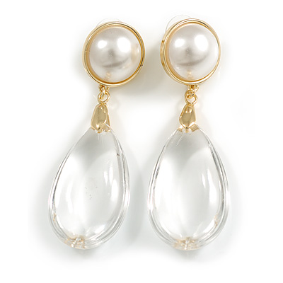 Statement White Faux Pearl Transparent Acrylic Teardrop Long Earrings in Gold Tone - 65mm L - main view