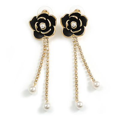 Black Enamel Crystal Chain Rose Flower Dangle Earrings in Gold Tone - 60mm Long - main view