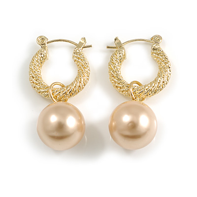 18mm Textured Gold Tone Hoop Earrings with 12mm Cream Pearl Bead Dangle - main view