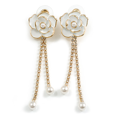White Enamel Crystal Chain Rose Flower Dangle Earrings in Gold Tone - 60mm Long - main view