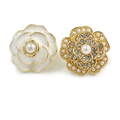 Clear Crystal/ Faux Pearl/ White Enamel Asymmetrical Rose Floral Stud Earrings In Gold Tone - 20mm D - main view