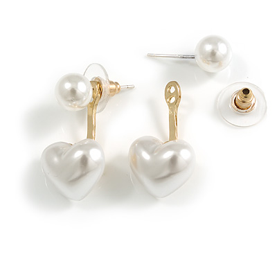 White Faux Pearl Heart Front Back Stud Earrings/Gold Tone/25mm Long - main view