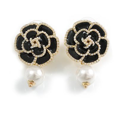 Black Enamel White Faux Pearl Layered Rose Flower Stud Earrings in Gold Tone - 35mm Tall - main view