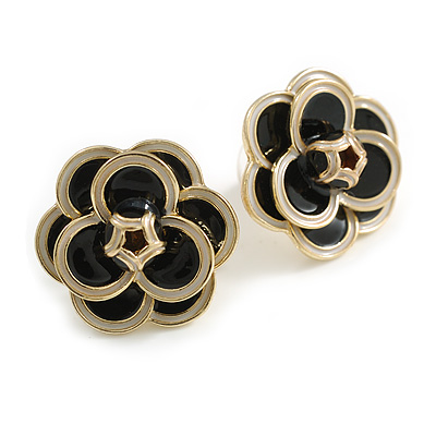 20mm D/ Black/White Enamel Layered Rose Flower Stud Earrings in Gold Tone - main view