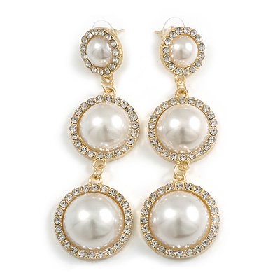Party/Prom/Wedding Clear Crystal Triple Faux Pearl Bead Drop Earrings - 75mm Long - main view