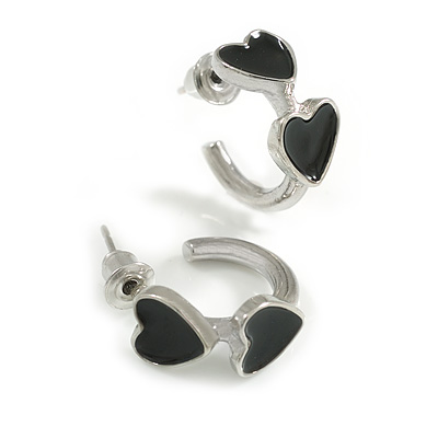 15mm Small Black Enamel Heart Hoop Huggie Earrings in Silver Tone - main view