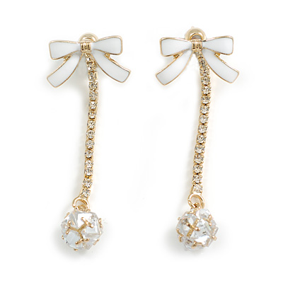 White Enamel Bow with Crystal Chain and CZ Ball Front Back Drop Earrings/Gold Tone/45mm Long - main view