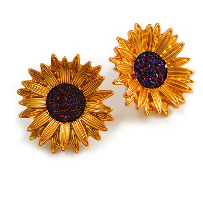 25mm Orange Gold Crystal Sunflower Stud Earrings - main view