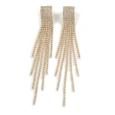 Statement Extra Long Clear Crystal Fringe Dangle Earrings in Gold Tone - 12cm Drop - main view