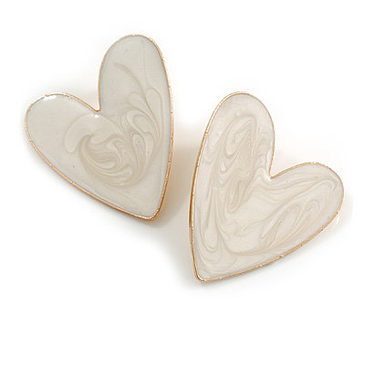 35mm Tall/ Large Milky White Enamel Asymmetric Heart Earrings in Gold Tone - main view