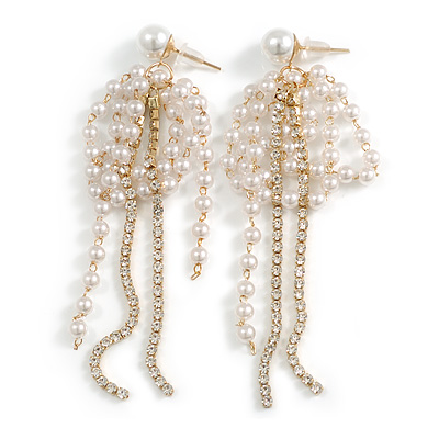 Statement White Faux Pearl and Crystal Multi Chain Dangle Earrings in Gold Tone - 90mm Drop - main view