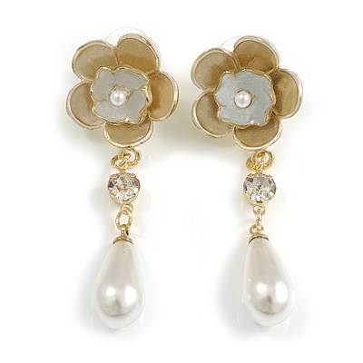 Two Tone Floral Faux Pearl Drop Earrings/Party/Prom/Wedding - 60mm Tall - main view