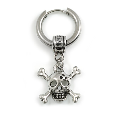 1Pcs Single Dangle Skull and Crossbones Charm Hoop Huggie Earring for Men/Women/Unisex In Silver Tone/ 18mm D - main view