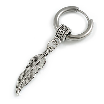1Pcs Single Dangle Feather Charm Hoop Huggie Earring for Men/Women/Unisex In Silver Tone/ 18mm D