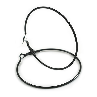 60mm D/ Slim Black Enamel Hoop Earrings/ Large Size - main view