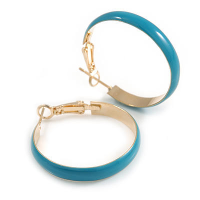30mm D/ Wide Light Blue Enamel Hoop Earrings In Gold Tone/ Small Size - main view