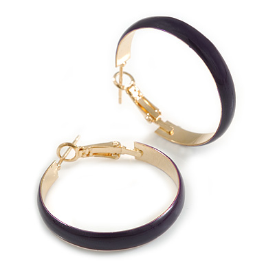 30mm D/ Wide Dark Purple Enamel Hoop Earrings In Gold Tone/ Small Size