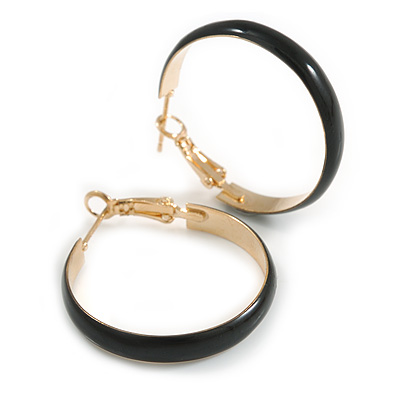 30mm D/ Wide Black Enamel Hoop Earrings In Gold Tone/ Small Size