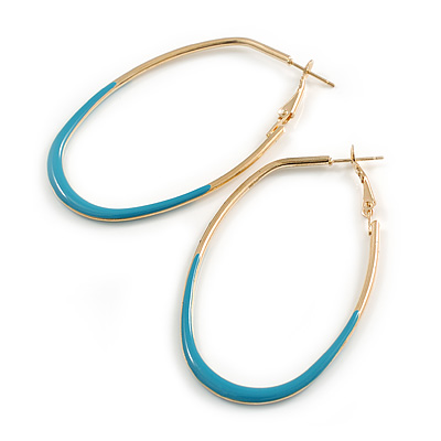 60mm Tall/ Gold Tone with Teal Enamel Oval Hoop Earrings/ Large Size - main view